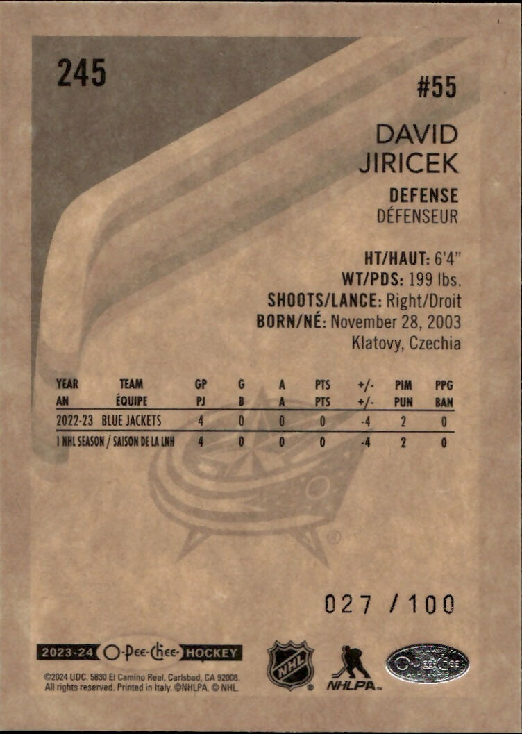 2023-24 Upper Deck O-Pee-Chee Hockey - Base - Retro - Black Boarder #245 David Jiricek - Columbus Blue Jackets - B