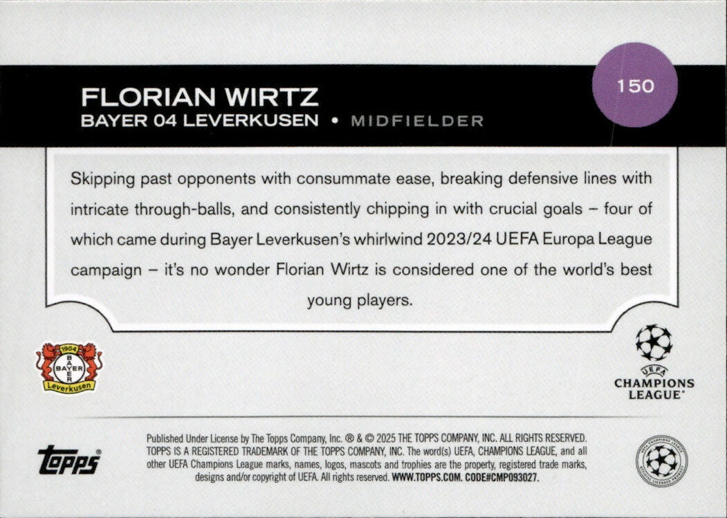 2024-25 Topps UEFA Club Competitions - Base #150 Florian Wirtz - Bayer 04 Leverkusen - B