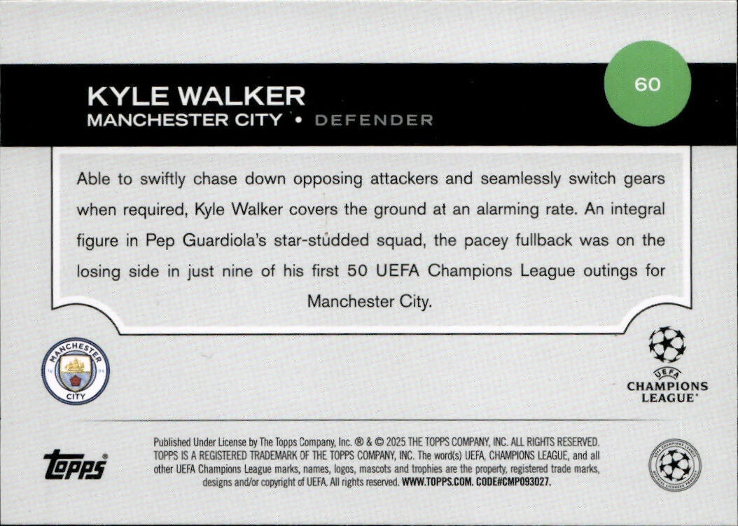 2024-25 Topps UEFA Club Competitions - Base #60 Kyle Walker - Manchester City - B
