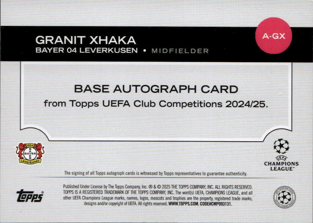 2024-25 Topps UEFA Club Competitions - Base - Auto #A-GX Granit Xhaka - Bayer 04 Leverkusen - B