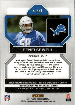 2021 Panini Prizm Football Base #429 Penei Sewell RC Detroit Lions - B