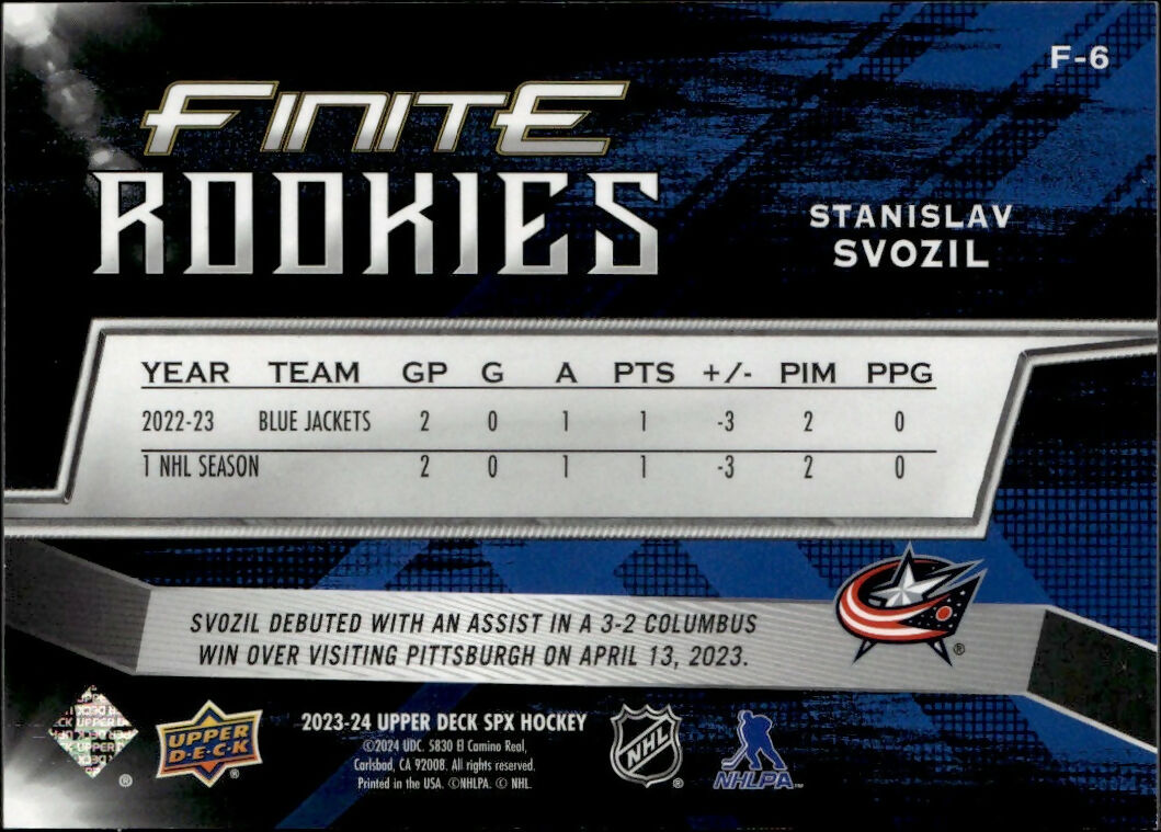 2023-24 Upper Deck SPX Hockey - Finite Rookies - Gold :399 #F-6 Stanislav Svozil - Columbus Blue Jackets - B