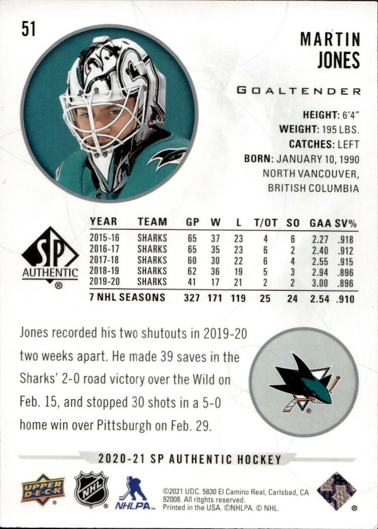 2020-21 Upper Deck Sp Authentic Hockey - Base #51 Martin Jones - San Jose Sharks - B