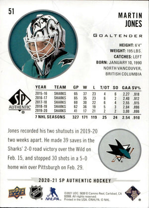 2020-21 Upper Deck Sp Authentic Hockey - Base #51 Martin Jones - San Jose Sharks - B