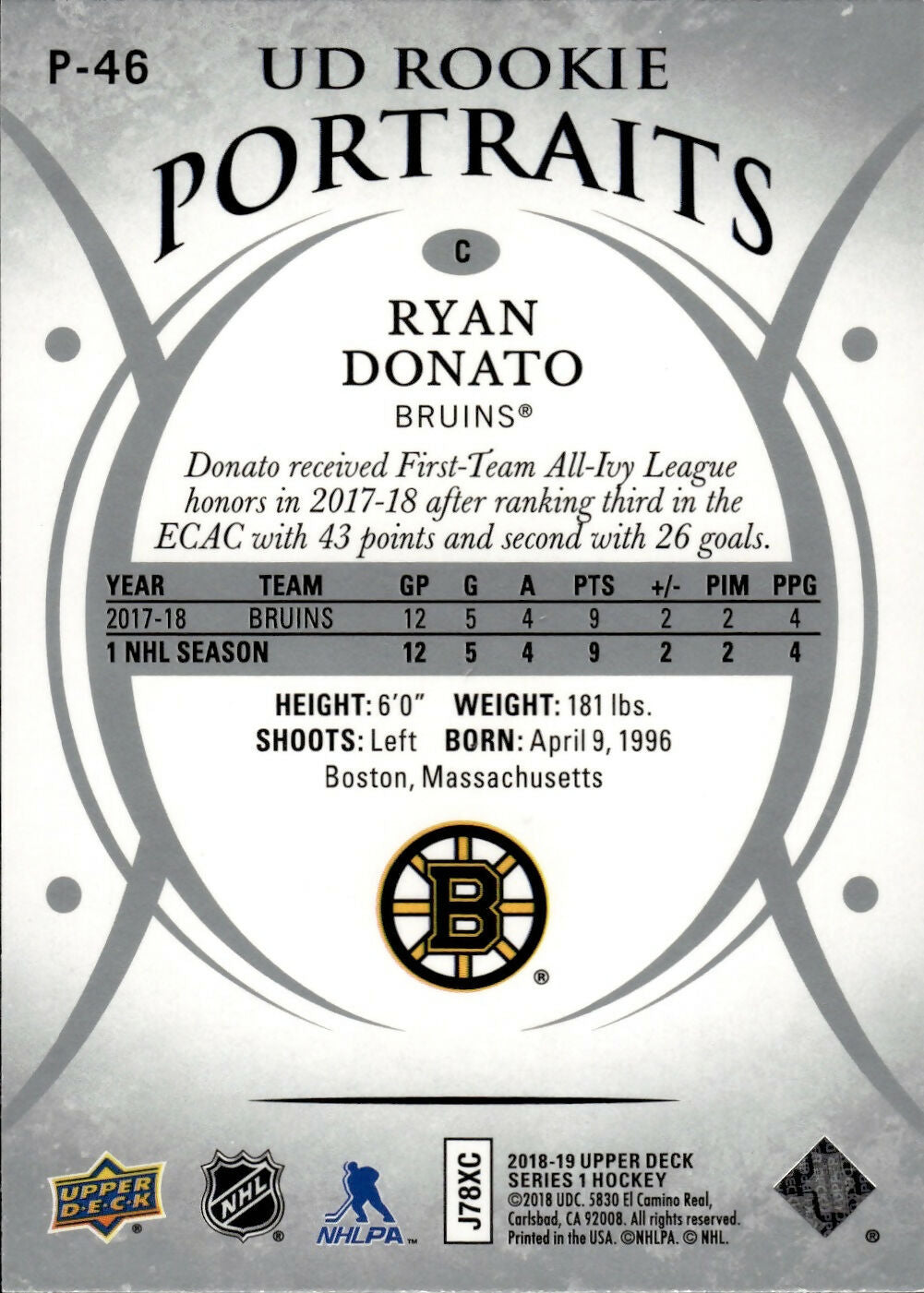 2018-19 Upper Deck Series 1 Hockey - UD Portraits - Rookie #P-46 Ryan Donato - Boston Bruins