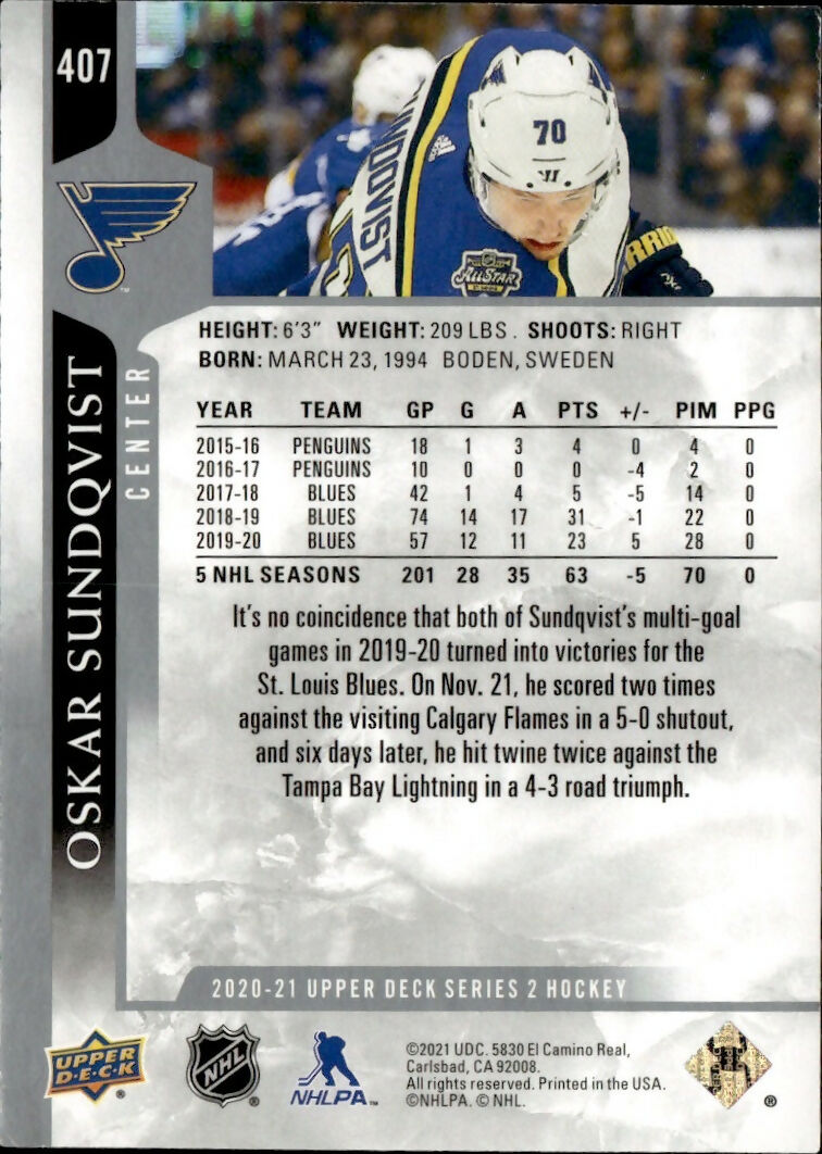 2020-21 Upper Deck Series 2 Hockey - Base #407 Oskar Sundqvist - St. Louis Blues - B