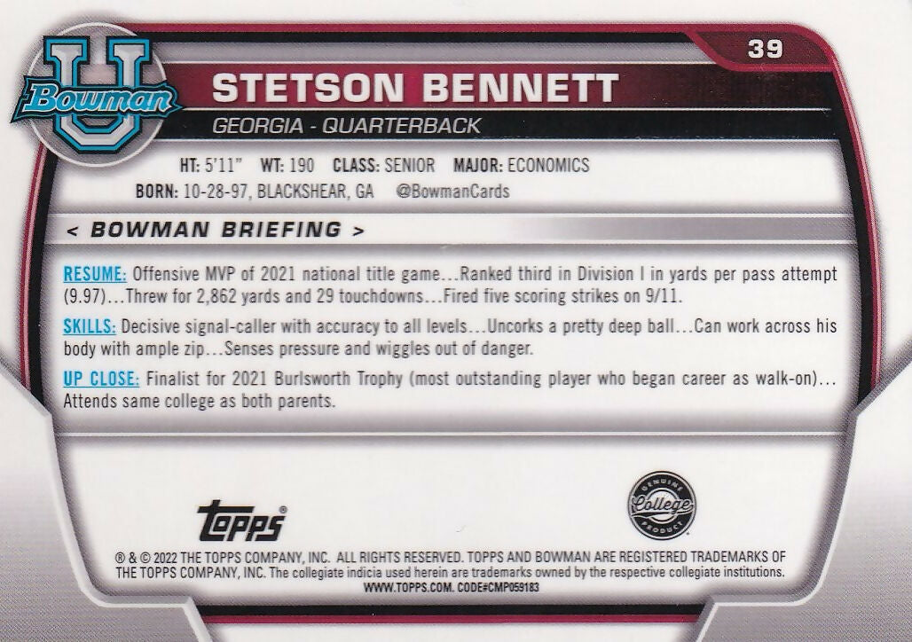 2022 Bowman University Chrome Pink Refractor #39 Stetson Bennett Georgia Bulldogs