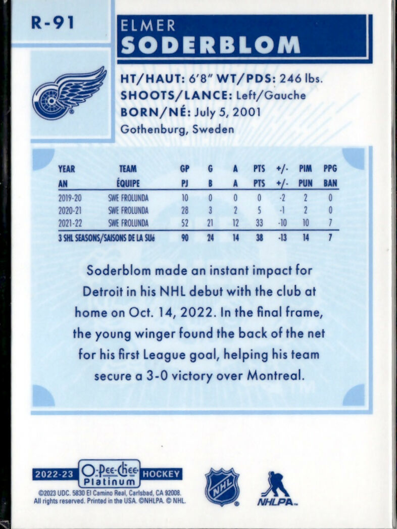 2022-23 Upper Deck O-Pee-Chee Platinum Hockey - Retro #R-91 Elmer Soderblom - Detroit Red Wings - B