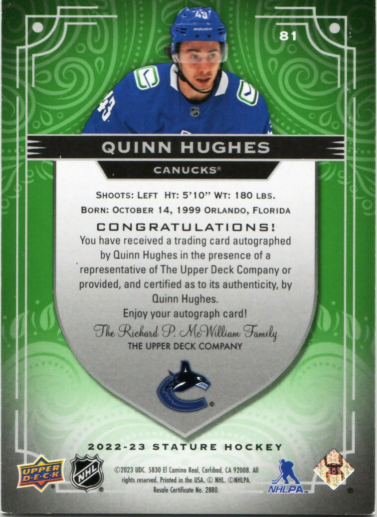 2022-23 Upper Deck Stature Hockey - Base - Green - Auto :50 #81 Quinn Hughes - Vancouver Canucks - B