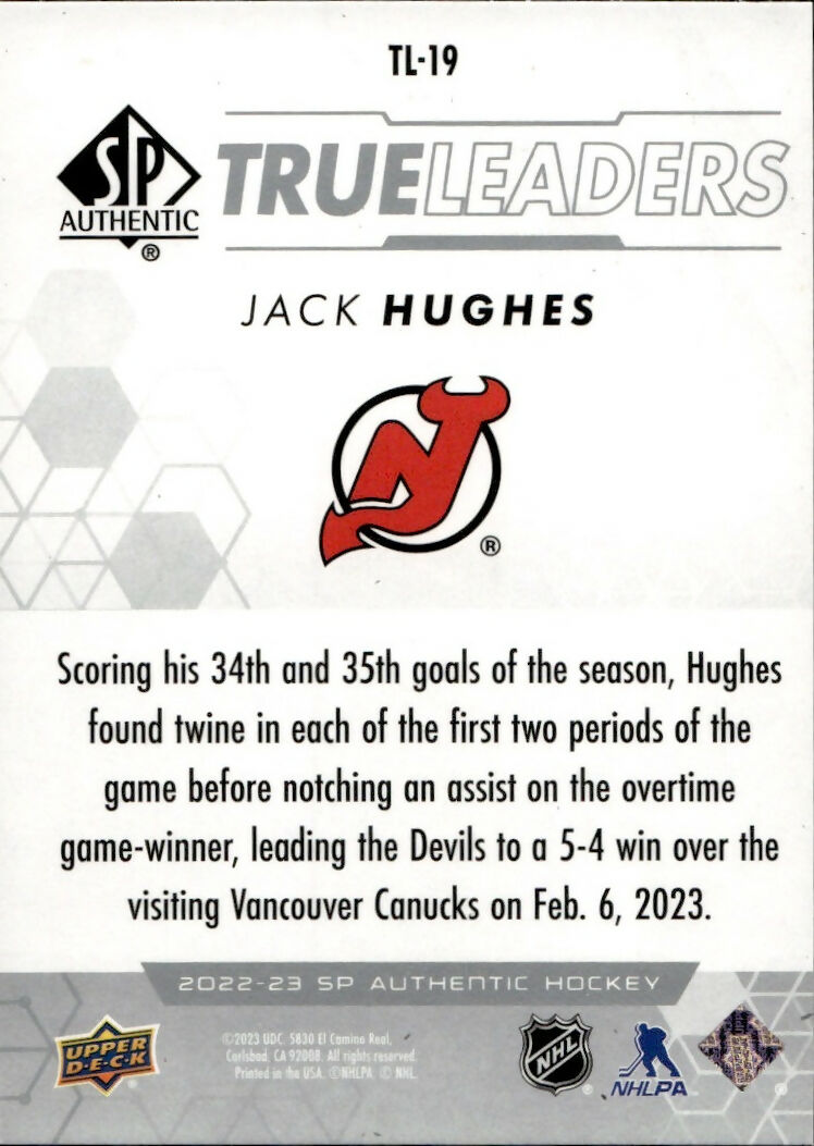 2022-23 Upper Deck SP Authentic Hockey - True Leaders #TL-19 Jack Hughes - New Jersey Devils - B