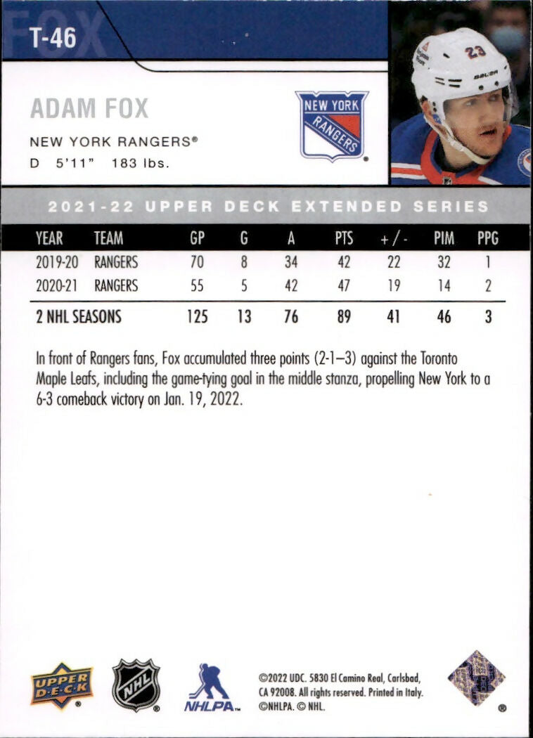 2021-22 Upper Deck Extended Series Hockey - 2006-07 Upper Deck Retro #T-46 Adam Fox - New York Rangers - B