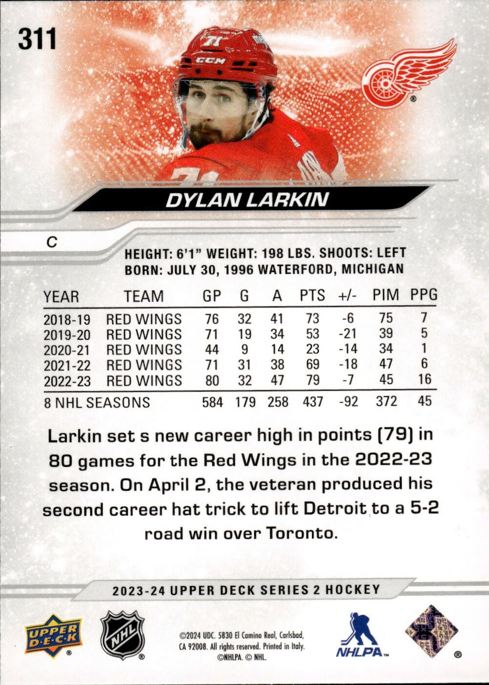 2023-24 Upper Deck Series 2 Hockey - Base #311 Dylan Larkin - Detroit Red Wings