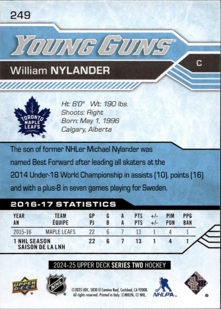 2024-25 Upper Deck Series 2 Hockey - Young Guns Renewed #249 William Nylander - Toronto Maple Leafs - B