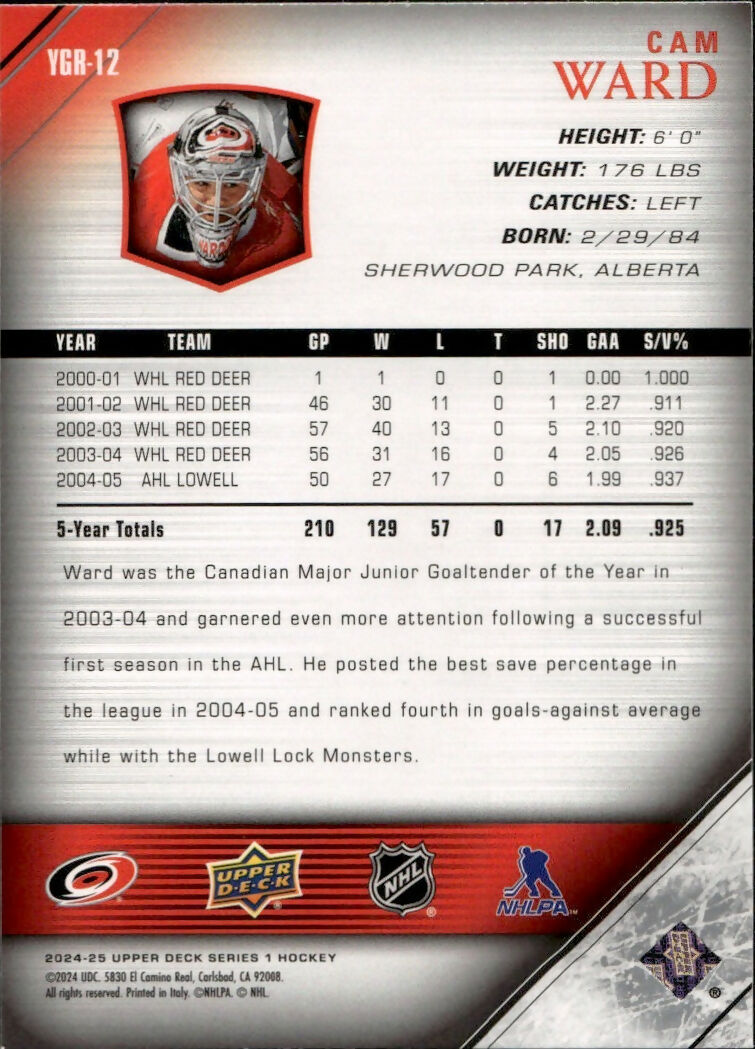 2024-25 Upper Deck Series 1 Hockey - Young Guns Renewed #YGR-12 Cam Ward - Carolina Hurricanes - B