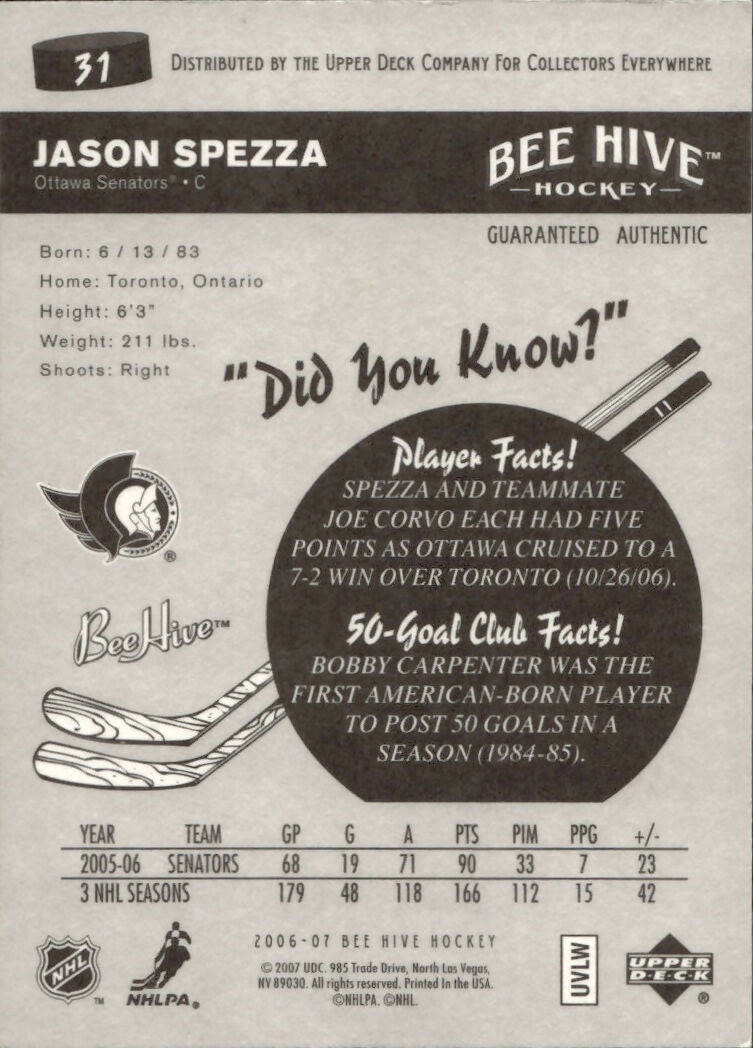 2006-07 Upper Deck - Bee Hive Hockey - Base #31 Jason Spezza - Ottawa Senators - B