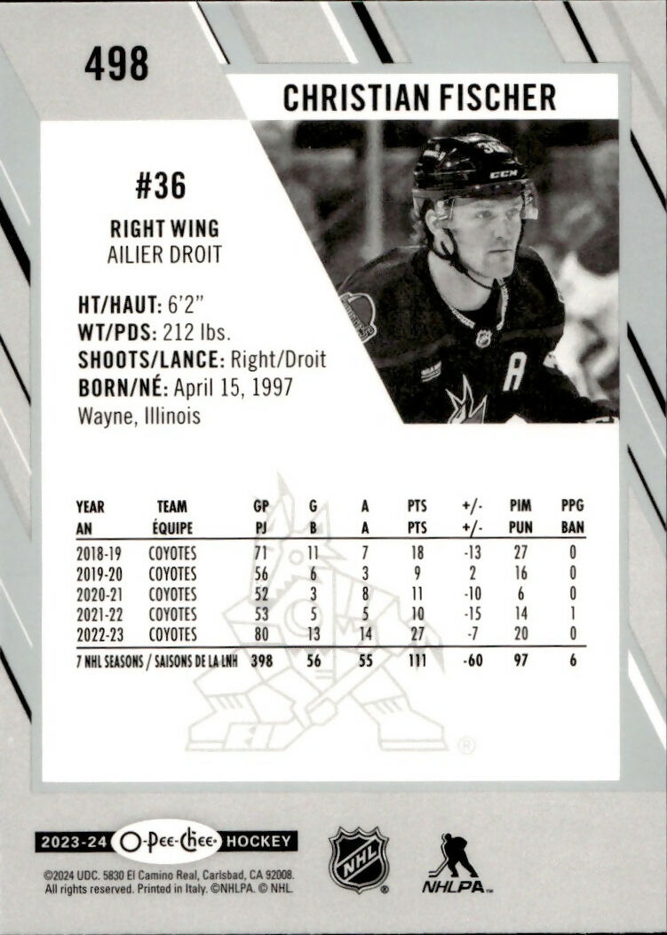 2023-24 Upper Deck O-Pee-Chee Hockey - Base #498 Christian Fischer - Arizona Coyotes - B