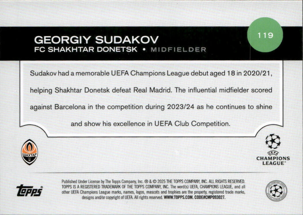 2024-25 Topps UEFA Club Competitions - Base #119 Georgiy Sudakov - FC Shakhtar Donetsk - B