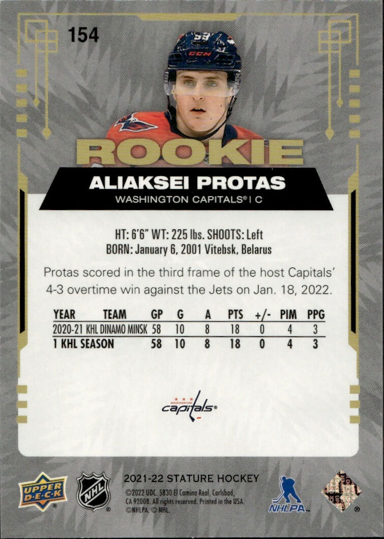 2021-22 Upper Deck Stature Hockey - Base - Rookie :399 #154 Aliaksei Protas - Washington Capitals - B