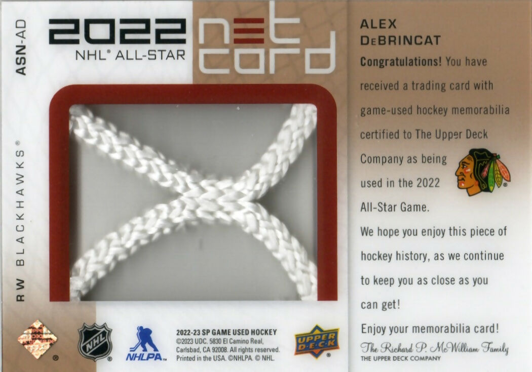 2022-23 Upper Deck SP Game Used Hockey - Net Cord - All Star :5 #ASN-AD Alex DeBrincat - Chicago Blackhawks - B