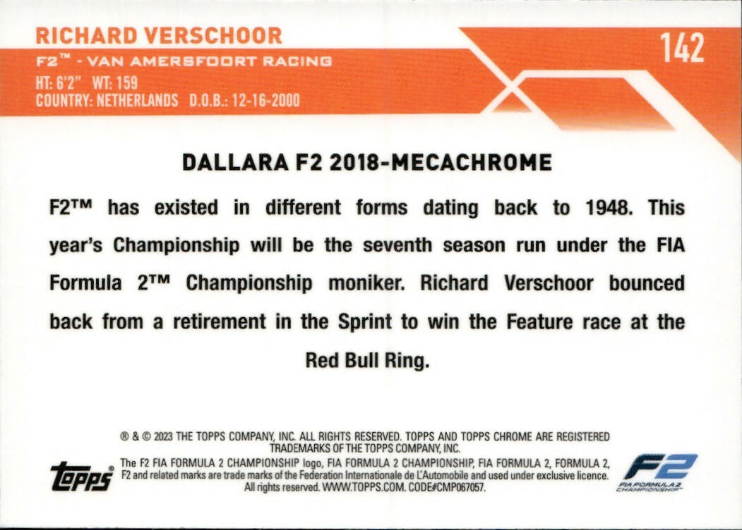 2023 Topps Chrome Formula 1 Base #142 - F2 Cars Richard Verschoor - F2 Van Amersfoort Racing - B