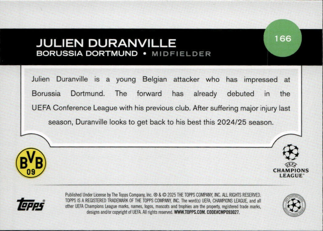 2024-25 Topps UEFA Club Competitions - Base #166 Julian Duranville - Borussia Dortmund - B