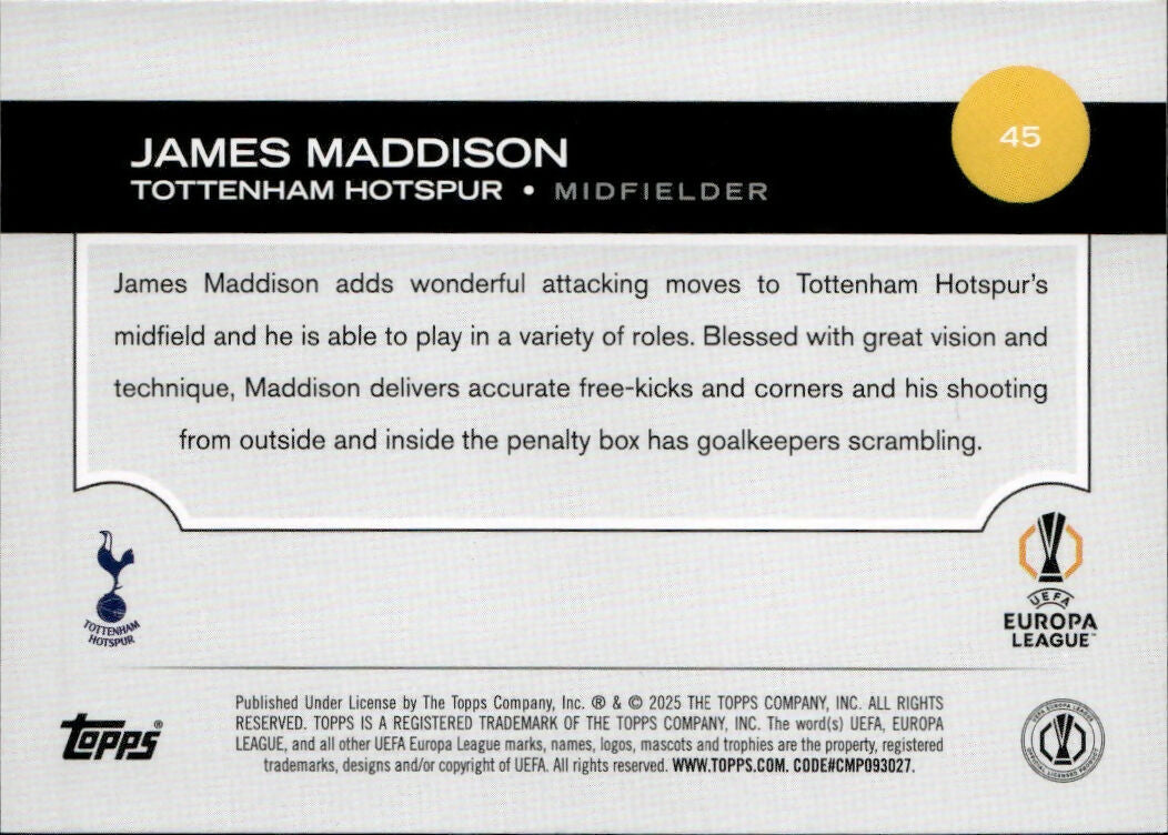 2024-25 Topps UEFA Club Competitions - Base #45 James Maddison - Tottenham Hotspur - B