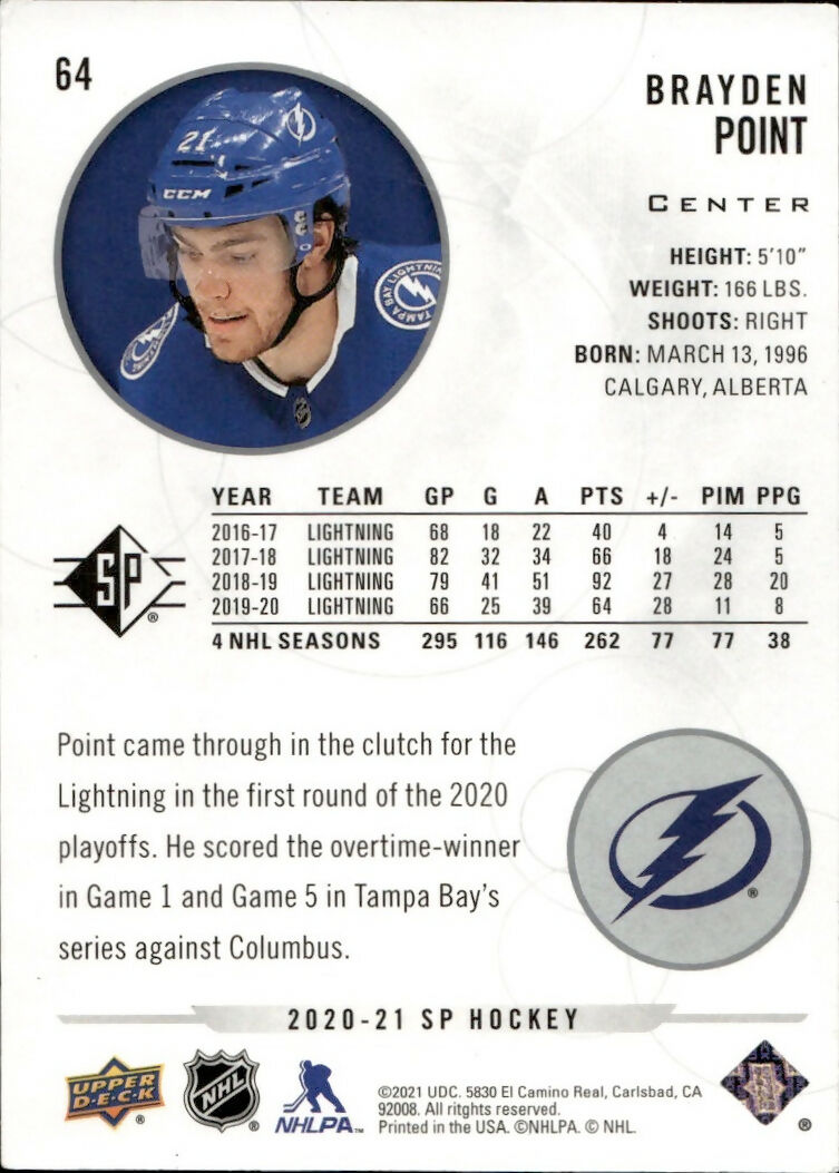 2020-21 Upper Deck Sp Authentic Hockey - Base #64 Brayden Point - Tampa Bay Lightning