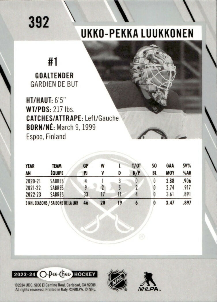 2023-24 Upper Deck O-Pee-Chee Hockey - Base #392 Ukko-Pekka Luukkonen - Buffalo Sabres - B