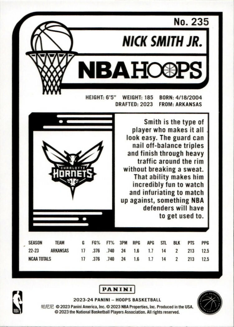 2023-24 Panini Hoops Basketball - Base #235 Nick Smith Jr - Charlotte Hornets - B