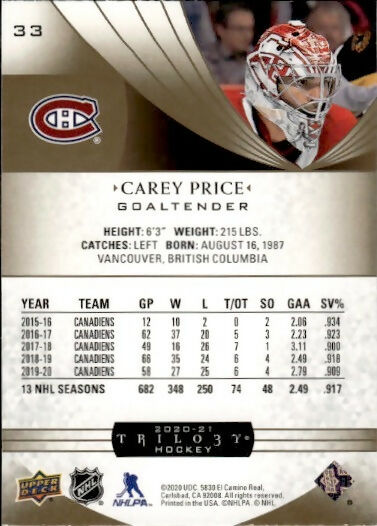 2020-21 Upper Deck Trilogy Hockey - Base #33 Carey Price - Montreal Canadiens