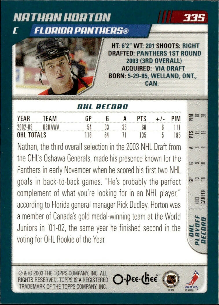 2003-04 O-Pee-Chee - Base #335 Nathan Horton - Florida Panthers - B