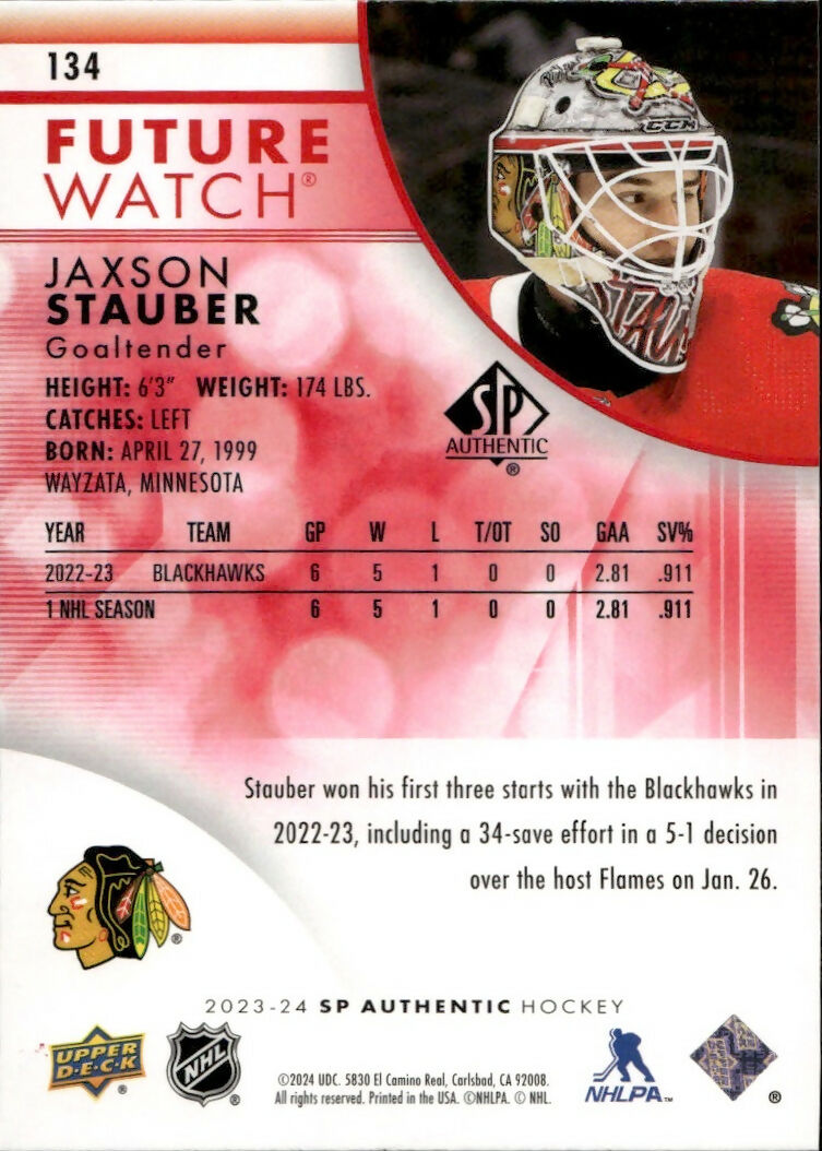 2023-24 Upper Deck SP Authentic Hockey - Base - Red Limited #134 Jaxson Stauber - Chicago Blackhawks - B