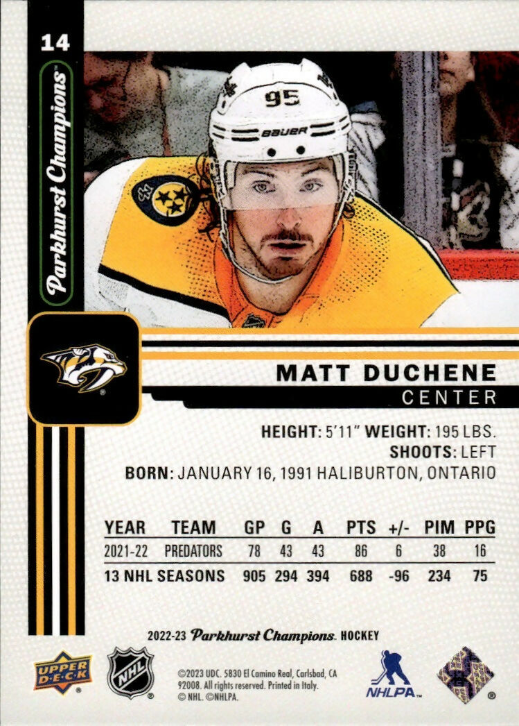 2022-23 Upper Deck Parkhurst Champions - Base #14 Matt Duchene - Nashville Predators