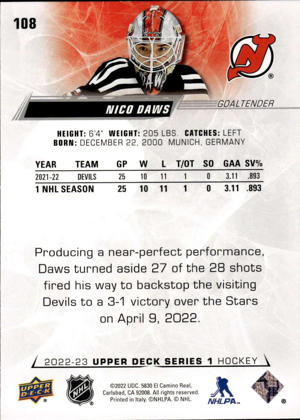 2022-23 Upper Deck Series 1 Hockey - Base #108 Nico Daws - New Jersey Devils - Back