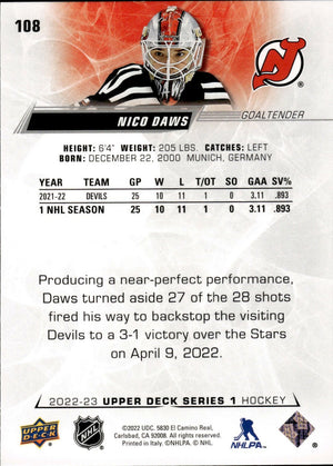 2022-23 Upper Deck Series 1 Hockey - Base #108 Nico Daws - New Jersey Devils - Back