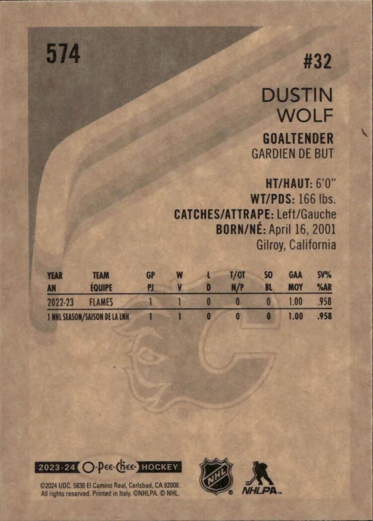 2023-24 Upper Deck O-Pee-Chee Hockey - Base - Retro #574 Dustin Wolf - Calgary Flames - B