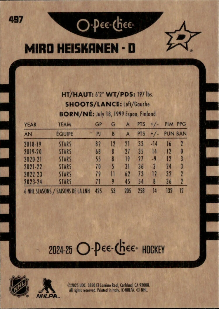 2024-25 Upper Deck O-Pee-Chee - Base - Retro #497 Miro Heiskanen - Dallas Stars - B