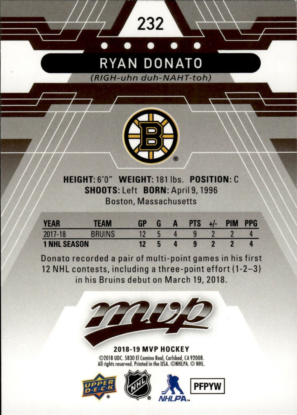 2018-19 Upper Deck MVP Hockey - Base - Rookie #232 Ryan Donato - Boston Bruins