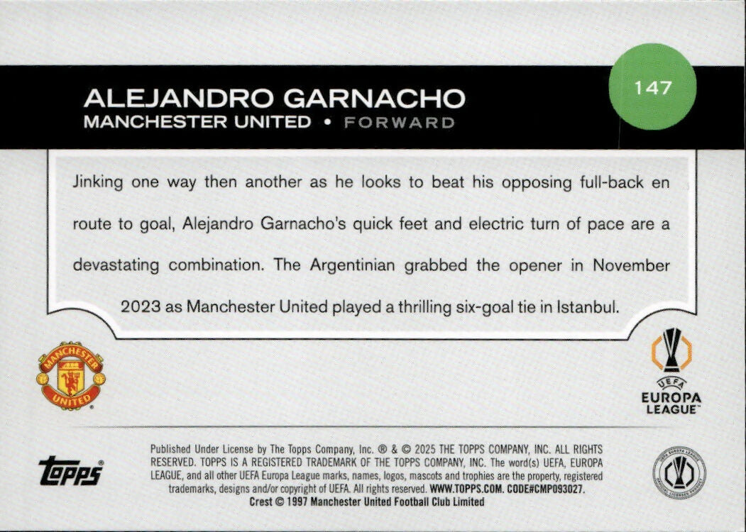2024-25 Topps UEFA Club Competitions - Base #147 Alejandro Garnacho - Manchester United - B
