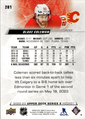 2022-23 Upper Deck Series 2 Hockey - Base #281 Blake Coleman - Calgary Flames