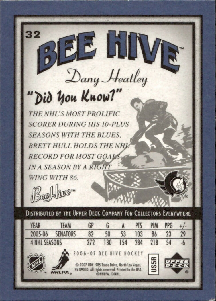 2006-07 Upper Deck - Bee Hive Hockey - Base - Blue #32 Dany Heatley - Ottawa Senators - B