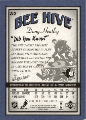 2006-07 Upper Deck - Bee Hive Hockey - Base - Blue #32 Dany Heatley - Ottawa Senators - B