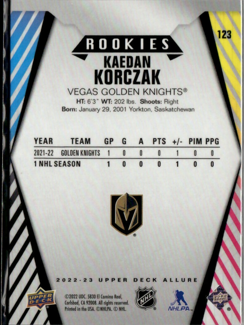2022-23 Upper Deck Allure Hockey - Base - Rookies #123 Kaedan Korczak - Vegas Golden Knights