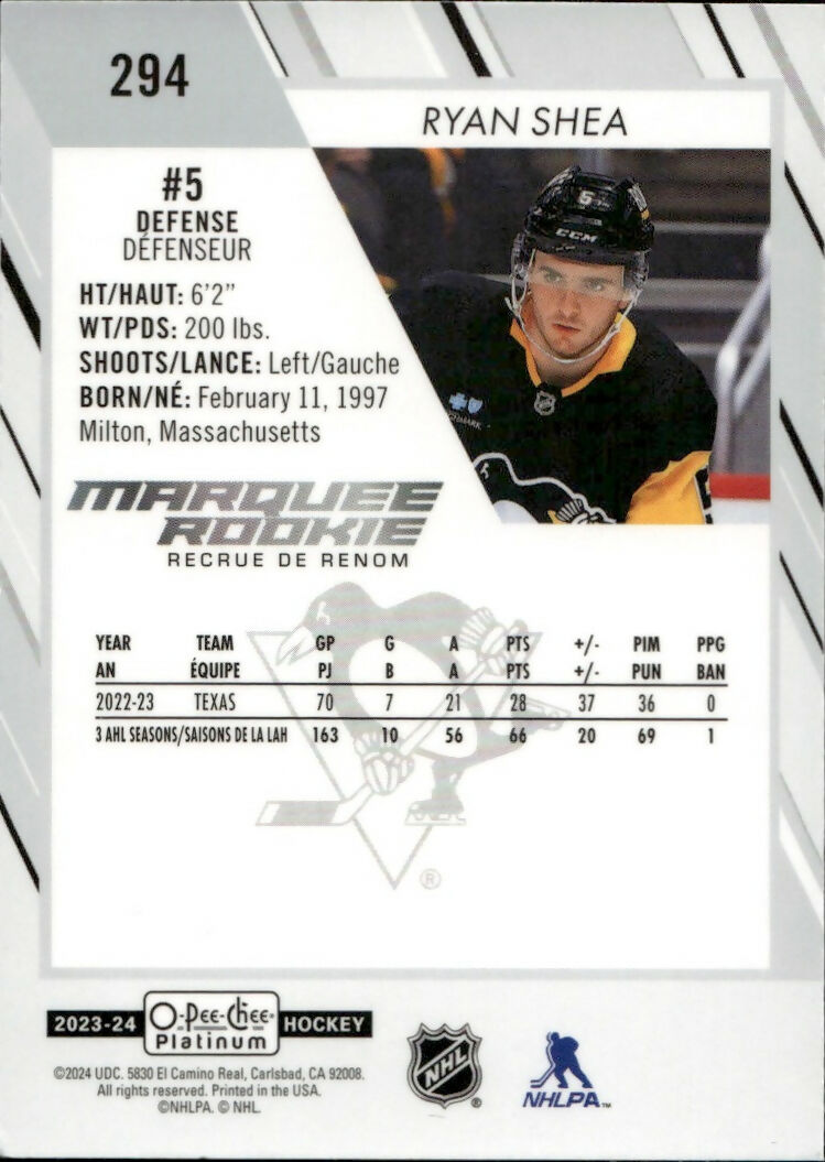 2023-24 Upper Deck O-Pee Chee Platinum Hockey - Base - Marquee Rookie #294 Ryan Shea - Pittsburgh Penguins - B