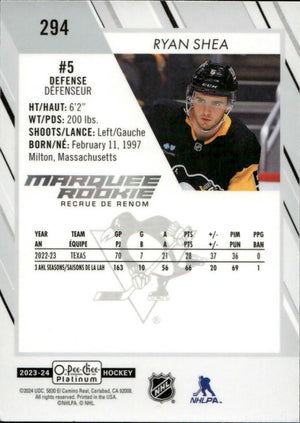 2023-24 Upper Deck O-Pee Chee Platinum Hockey - Base - Marquee Rookie #294 Ryan Shea - Pittsburgh Penguins - B