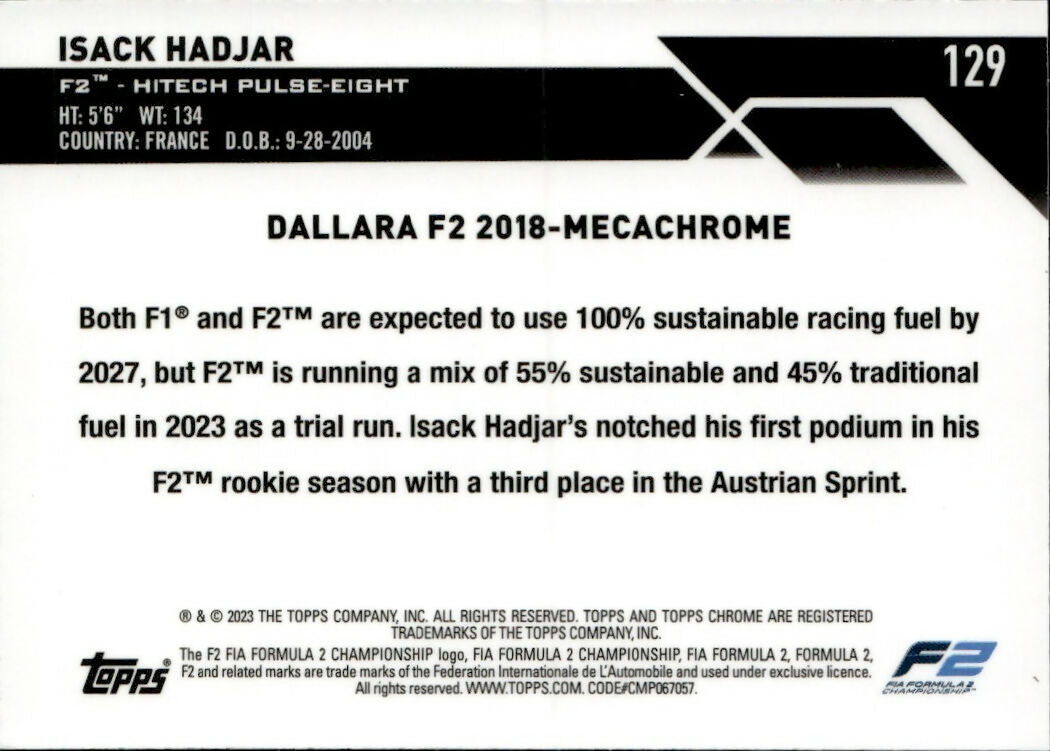 2023 Topps Chrome Formula 1 Base #129 - F2 Cars Isack Hadjar - F2 Htech Pulse-Eight - B