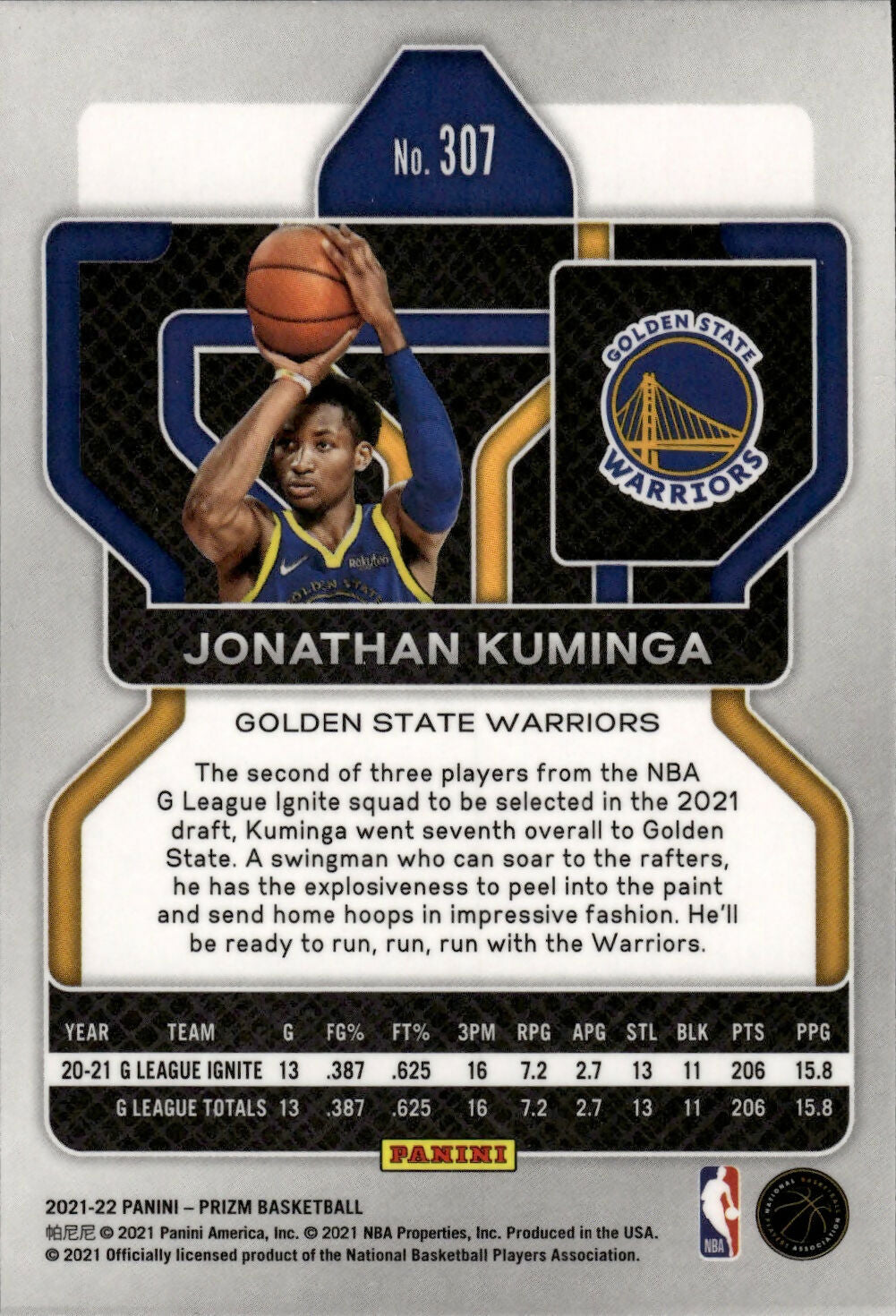 2021-22 Panini Prizm Basketball - Base - Rookie # 307 Jonathan Kuminga - Golden State Warriors