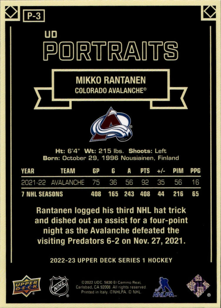 2022-23 Upper Deck Series 1 Hockey - Portraits #P-3 Mikko Rantanen - Colorado Avalanche - B
