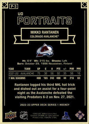2022-23 Upper Deck Series 1 Hockey - Portraits #P-3 Mikko Rantanen - Colorado Avalanche - B