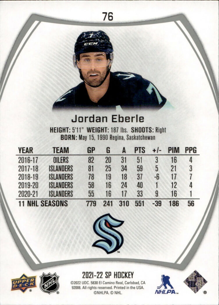 2021-22 Upper Deck SP Authentic Hockey - Base #76 Jordan Eberle - Seattle Kraken - B